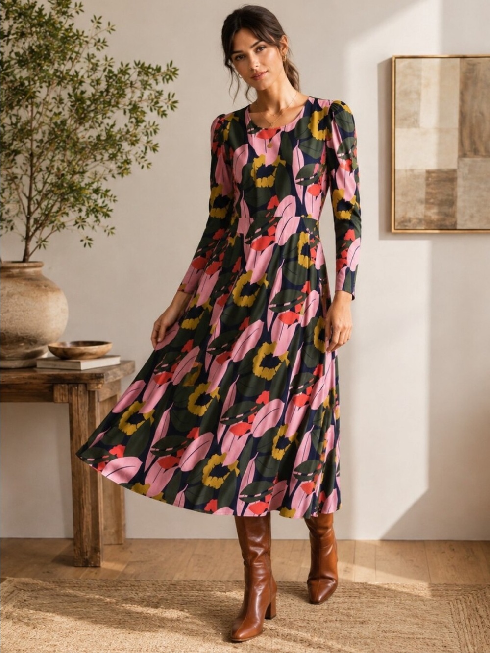Boden Jersey Floral Long Sleeve Dress D0081